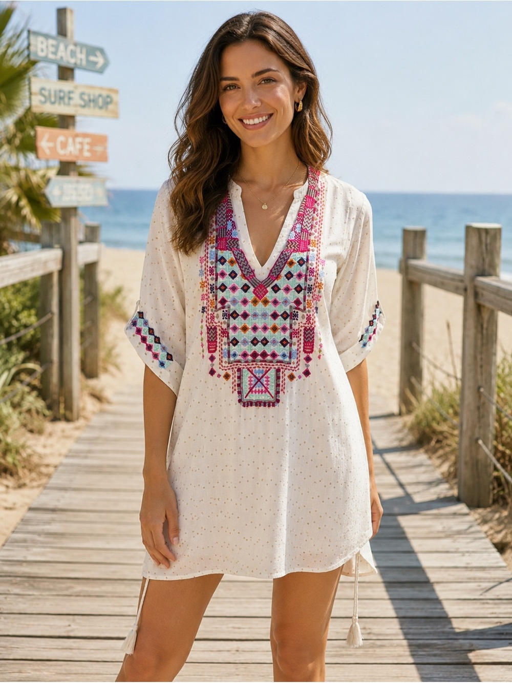 Johnny Was Cream Tunic with Pink and Mint Embroidery Tie Waist 100% Silk small